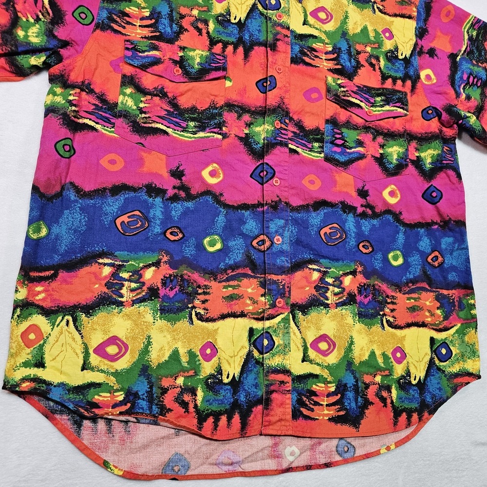 Vtg Wrangler Shirt Mens XL Brushpopper Bright Loud Bull Skull Tie Dye Groovy - Picture 6 of 13